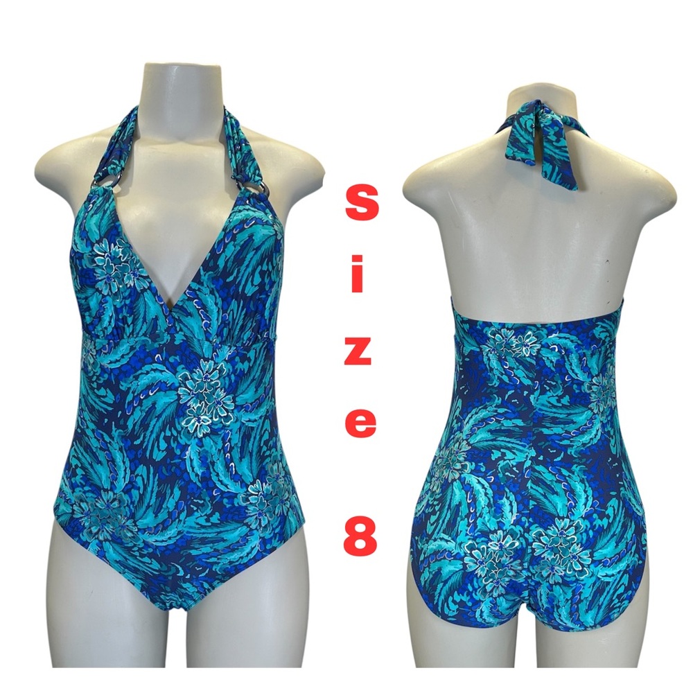 Jaclyn Smith Swimsuit Bathing Suit One Piece Womens Size 8 Medium Blue Tropical